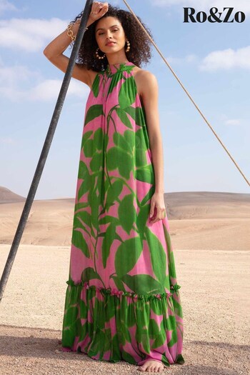 Ro&Zo - Pink Leaf Print Halter Neck Maxi Dress (962217) | £139