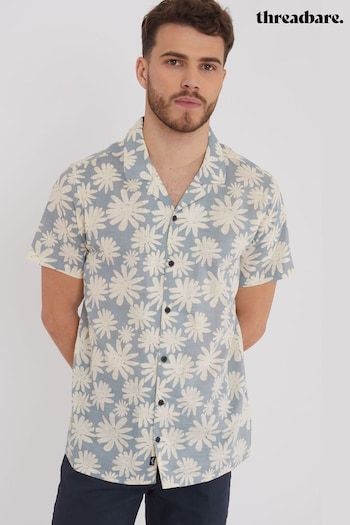 Threadbare Blue Tropical Leaf Print Revere Collar Short Sleeve Shirt (962233) | £24