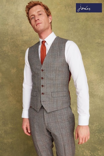 Joules Grey/Rust Check Wool Slim Fit Suit Waistcoat (963241) | £75
