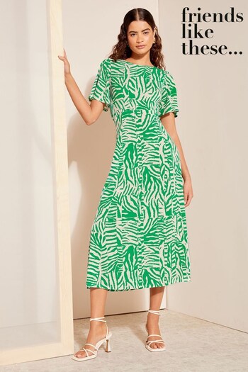 Friends Like These Green Zebra Flutter Sleeve Round Neck Midi Dress (963622) | £39