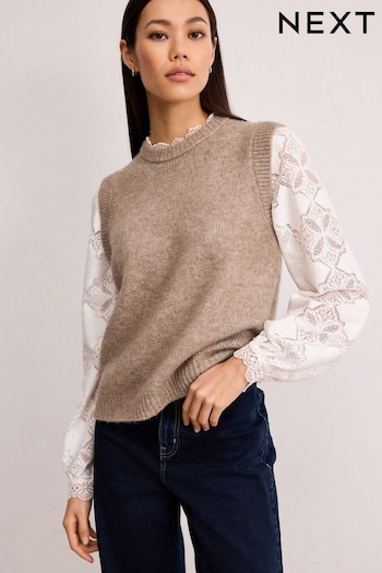 Neutral Brown Lace detail Woven Sleeve Layer Jumper (963744) | £40