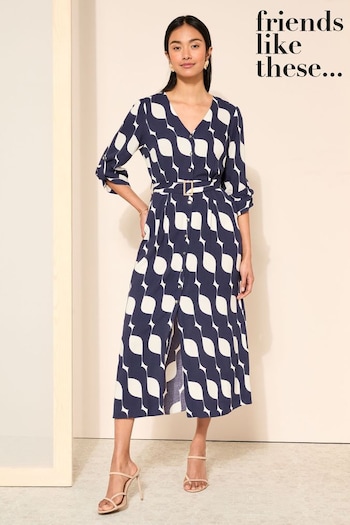 Accent & Armchairs Navy Blue Buckle Belted V Neck Midi Shirt Dress (963748) | £48