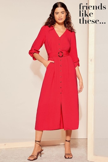 Short Sleeved Sets Red Buckle Belted V Neck Midi Shirt Dress (963759) | £46