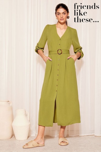 Thinking of You Lime Green Buckle Belted V Neck Midi Shirt Dress (963767) | £44
