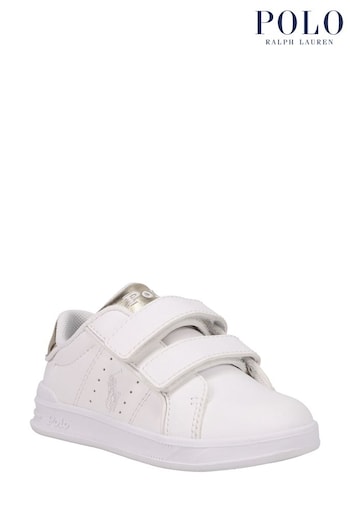 Polo State Ralph Lauren White/Pink Heritage Court III Velcro Strap Trainers (964331) | £80