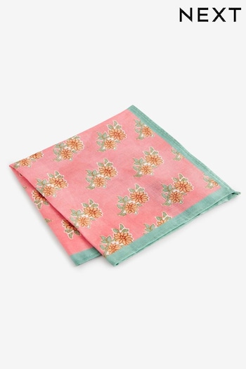 Seafoam Green/Pink Block Print Floral Linen Pocket Square (964409) | £10