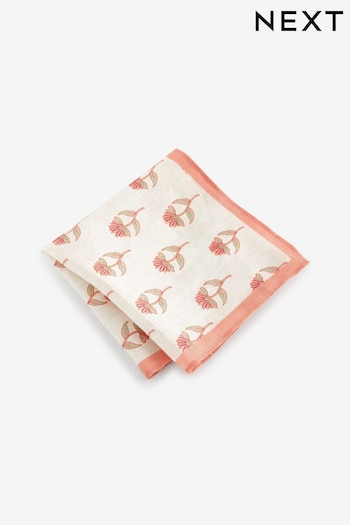 Peach Pink Block Print Floral Linen Pocket Square (964420) | £10