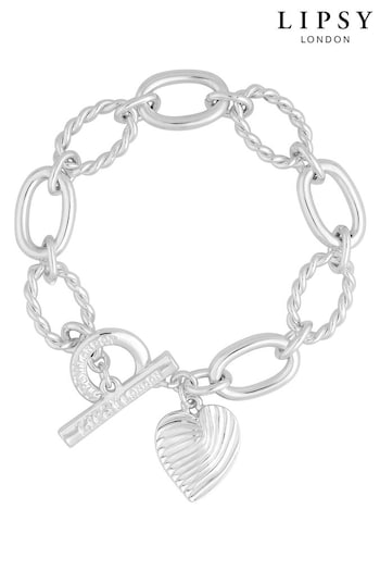 Lipsy Jewellery Silver Tone Textured Heart Charm T-Bar Gift Boxed Bracelet (964496) | £25