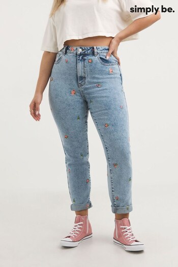Simply Be Blue Light Wash Floral Embroidered Slim Mom Jeans (964965) | £38