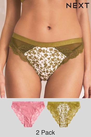 Green Floral Print/Rose Pink Lace Trim High Leg Knickers 2 Pack (965119) | £20