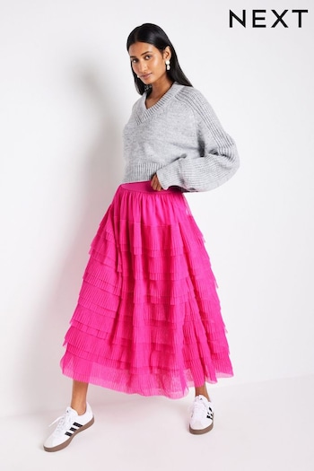 Bright Pink Mesh Tulle Midi Skirt (965224) | £58