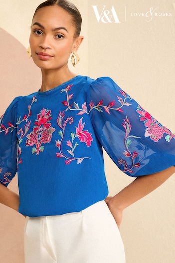 V&A | Love & Roses Blue Embroidered Round Neck Puff Sleeve Blouse (965982) | £46