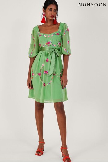 Monsoon Green Emelia Floral Embroidered Dress in Recycled Polyester (965996) | £150