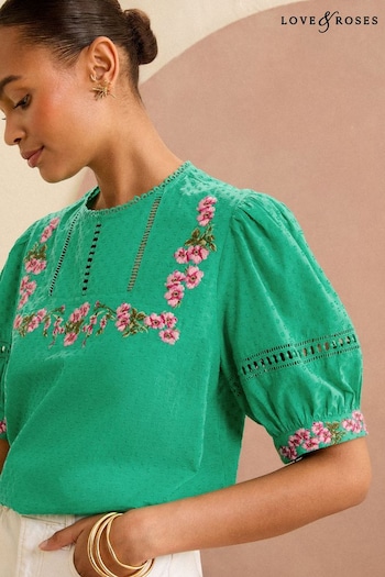 Love & Roses Green Embroidered Yoke Puff Sleeve Blouse (966069) | £36