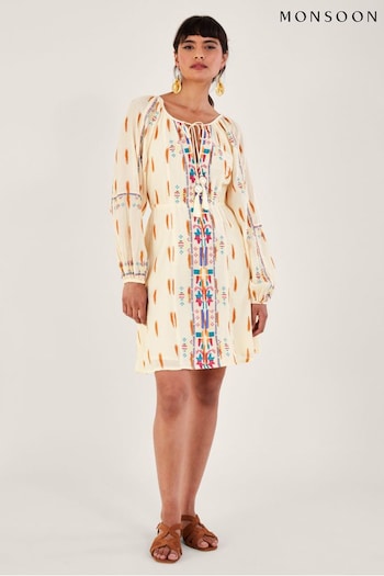 Monsoon Natural Aztec Print and Embroidered Short Dress (966126) | £80