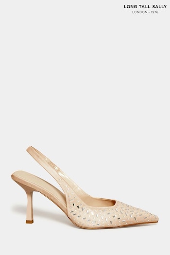 Long Tall Sally Nude Diamante Sling Back Kitten Heel Court Shoes (966286) | £55