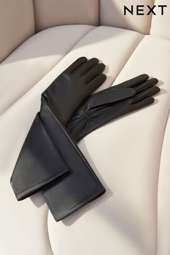 Black Premium Leather Silk Lined Longline Gloves (966531) | £49