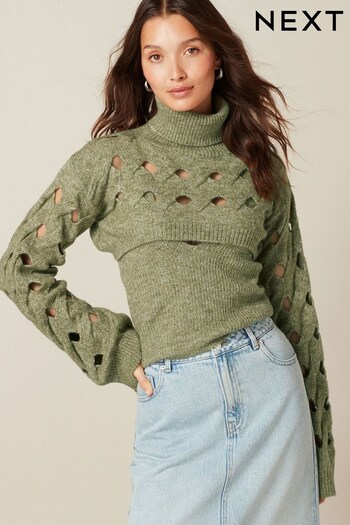 Khaki Green 2 In 1 Open Stitch Vest and Roll Neck Cropped Shrug Jumper (966574) | £48