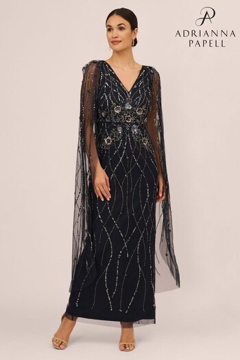 Adrianna Papell Blue Beaded Cape Gown (966941) | £399