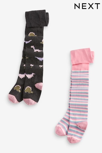 Grey and Pink Cotton Rich Stripe and Dinosaur Tights 2 Pack (967052) | £10.50 - £12.50