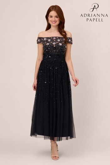 Adrianna Papell Black Off Shoulder Beaded Dress (967451) | £299