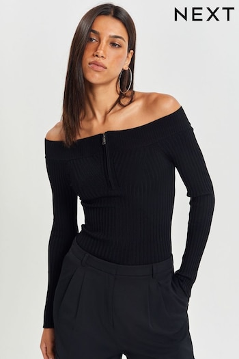 Black Off The Shoulder Zip Knitted Ribbed Top (967798) | £34
