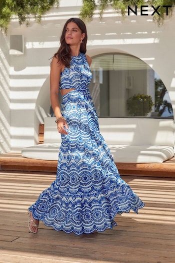 Blue/White Premium Broderie Cut-Out Detail Dress (968226) | £126