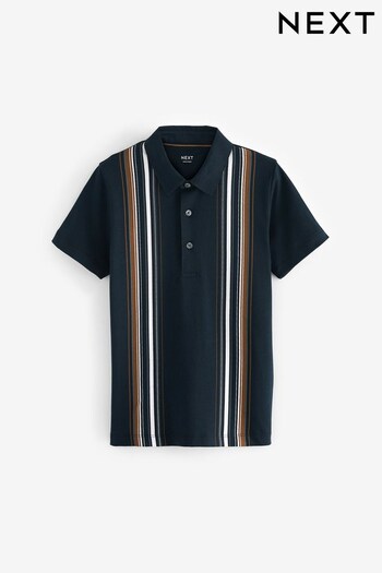 Navy Blue/Tan Vertical Stripe Short Sleeve Polo Shirt (3-16yrs) (968838) | £14 - £19