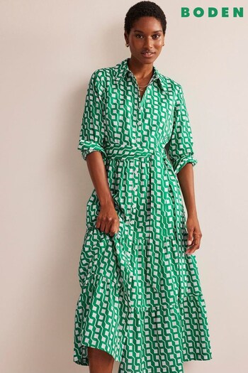 Boden Green Tiered Cotton Midi Shirt Dress (968972) | £130