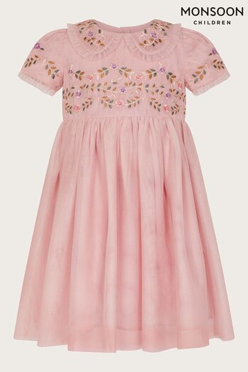 Monsoon Baby Pink Embroidered Collar Tulle Dress (969260) | £38 - £40