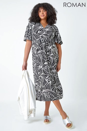 Roman Black Curve Linear Print Midi Wrap Dress (969594) | £42