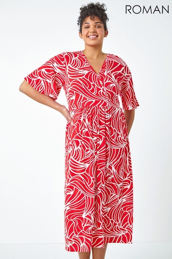 Roman Red Curve Linear Print Midi Wrap Dress (969682) | £42