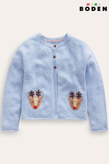 Boden Blue Christmas Reindeer Crochet Cardigan (969984) | £34 - £39