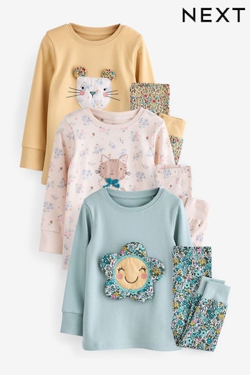 Ditsy Character 3 Pack 100% Cotton Long Sleeve Snuggle Pyjamas (9mths-16yrs) (970304) | £27 - £33