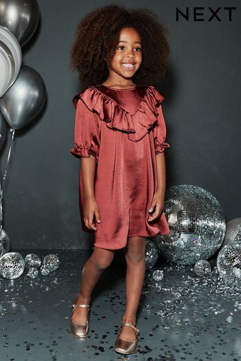 Rust Brown Satin Frill Dress (3-16yrs) (970549) | £28 - £34