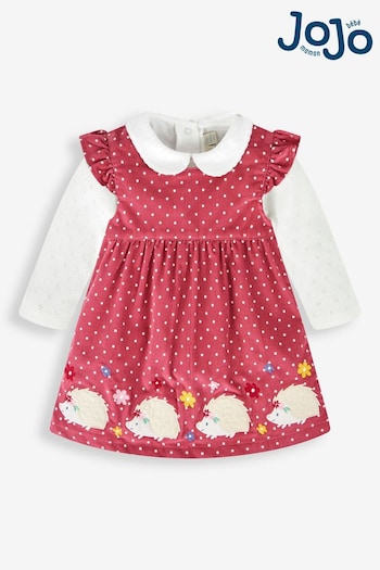 JoJo Maman Bébé Rose Pink Hedgehog Girls' 2-Piece Embroidered Cord Baby Dress & Body Set (970733) | £23.50