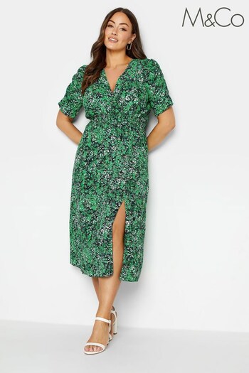 M&Co Green Shirred Waist Ruched Sleeve Dress (971138) | £34