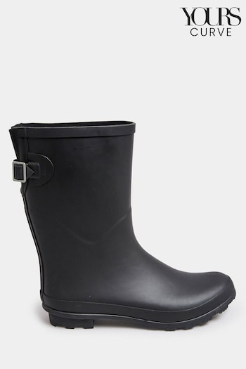 Yours Curve Black Wide Fit Mid Calf Adjustable Welly patent Boots (971432) | £38