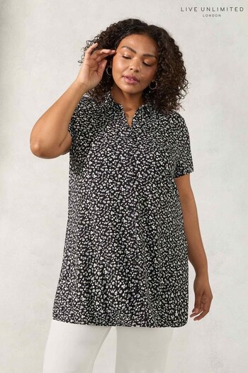 Live Unlimited Curve Ditsy Floral Print Jersey Short Sleeved Black Shirt (971582) | £42