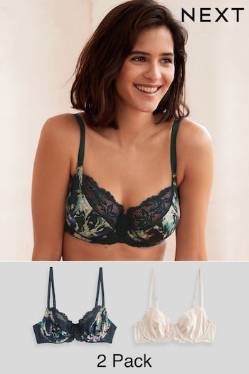 Navy Blue Floral Print/Cream Non Pad Full Cup Bras 2 Pack (971783) | £26
