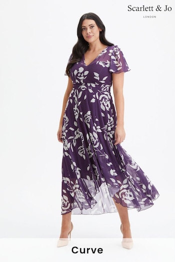 Scarlett & Jo Purple Tilly Print Angel Sleeve Sweetheart Dress (972210) | £90