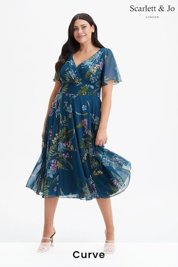 Scarlett & Jo Teal Blue Floral Victoria Angel Sleeve Mesh Midi Dress (972218) | £85