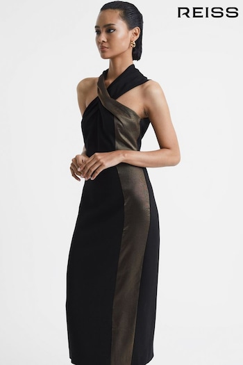 Reiss Black/Bronze Carla Metallic Stripe Bodycon Midi Dress (972678) | £248