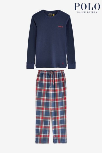 Polo Ralph Lauren Navy Blue Waffle-Knit And Plaid Flannel Pyjama Set (972868) | £135