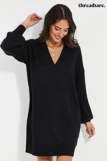 Threadbare Black V-Neck Knitted Jumper Wide Dress (973187) | £30