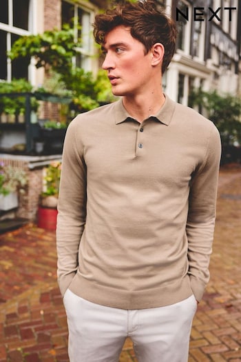 Brown Regular Knitted Long Sleeve Polo Shirt (973313) | £28
