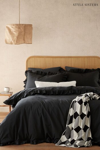 Style Sisters Black Ruffle Frill Pure Cotton Duvet Cover Set (973496) | £50 - £80