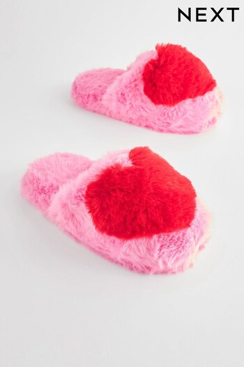 Pink Heart Recycled Faux Fur Mule Slippers (973740) | £11 - £14