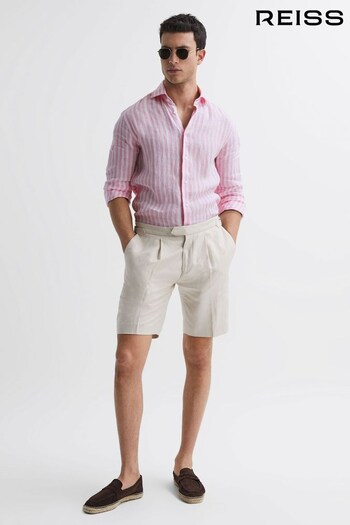 Reiss Soft Pink Herringbone Stripe Ruban Linen Long Sleeve Shirt (974248) | £110