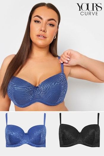 Yours Curve Blue Animal Jacquard Padded T-Shirt faux-shearling Bra 2 Pack (975095) | £38